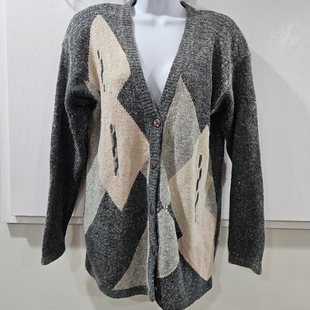Womens VTG Preppy Argyle Cardigan L Long Angora Academia Ivy League Grunge FLAW
